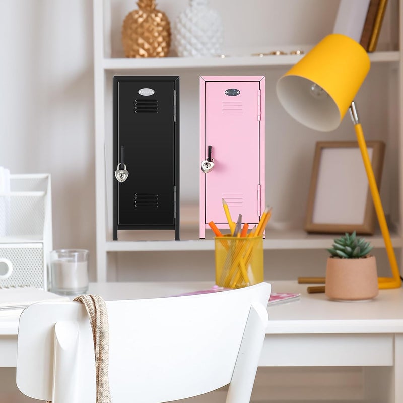 Vercraft 2 Pcs Mini Metal Locker Storage with Lock and 2 Keys 10.8 Inch Small Money Security and Cash Safe Box for Jewelry Back to School Home Office Desktop Container(Pink,Black) - Image 2